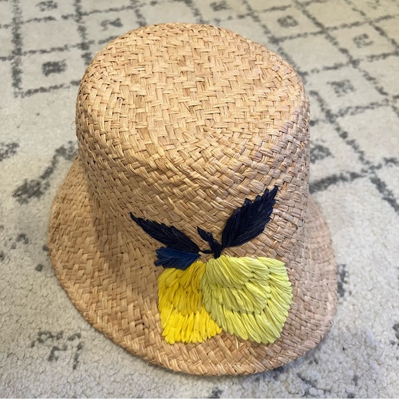 kate spade Accessories - Kate Spade Lemon Zest Embroidered Cloche Neutral Straw Raffia Hat